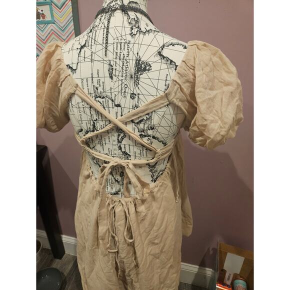 Free people Marina Mini Dress Beige womens small puff sleeve open tie back ** - Picture 8 of 9
